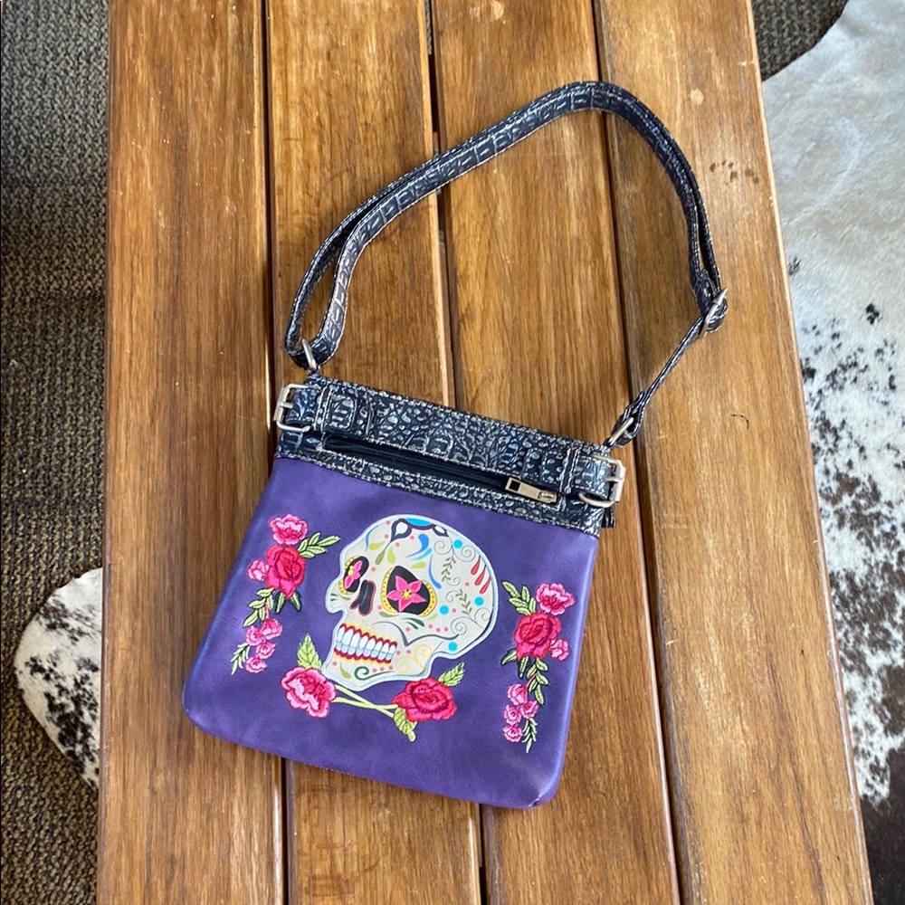 Purple and Black Crossbody Bag with Skull Design